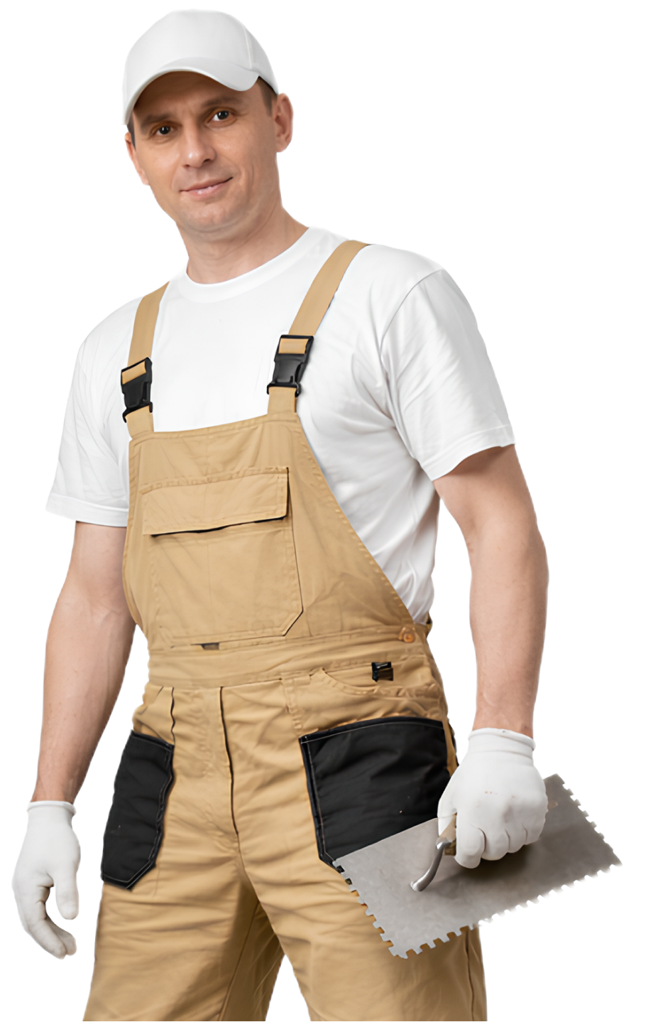 Man wearing beige overalls and a white cap, holding a tool on a white background
